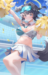 Rule 34 | 1girl, absurdres, animal ears, bare shoulders, black hair, blue archive, blue eyes, blush, breasts, cheerleader, cleavage, crop top, detached collar, dog ears, dog girl, dog tail, eyewear on head, goggles, goggles on head, halo, hibiki (blue archive), hibiki (cheer squad) (blue archive), highres, large breasts, long hair, looking at viewer, millennium cheerleader outfit (blue archive), navel, official alternate costume, pengrani, pom pom (cheerleading), skirt, solo, sweat, tail, thighs
