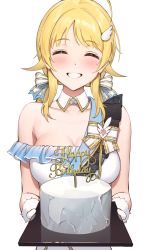 Rule 34 | 1girl, ahoge, ameyame, bare shoulders, blonde hair, blush, breasts, cake, cleavage, closed eyes, dress, food, grin, hachimiya meguru, hair ornament, hairclip, highres, idolmaster, idolmaster shiny colors, large breasts, long hair, low twintails, smile, solo, twintails, white dress