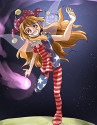 Rule 34 | 1girl, american flag legwear, american flag print, american flag shirt, bad anatomy, bad proportions, blonde hair, clownpiece, fairy wings, hat, jandare, jester cap, long hair, moon, open mouth, pantyhose, print shirt, red eyes, smile, solo, striped, torch, touhou, very long hair, wings
