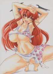 Rule 34 | 1girl, armpits, arms up, bad id, bad pixiv id, bikini, bikini skirt, breasts, cherry blossoms, cleavage, collarbone, female focus, floral print, head wings, huge breasts, koakuma, large breasts, long hair, marker (medium), millipen (medium), navel, open mouth, pointy ears, red eyes, red hair, simple background, sitting, smile, solo, spread legs, swimsuit, touhou, traditional media, underboob, uneven eyes, very long hair, white background, white bikini, wings, yutakasan-love
