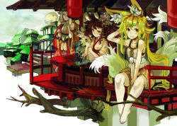 Rule 34 | 3girls, animal ears, arm up, bare shoulders, barefoot, blonde hair, brown hair, building, fang, floating, fox ears, fox tail, full body, ghost, green eyes, grin, hair ornament, hand in own hair, leaf, long hair, looking at viewer, mouse (animal), multiple girls, multiple tails, original, plant, pout, sasurai susuki, sitting, sleeveless, smile, tail, toes, tooth, tree, very long hair, wavy mouth