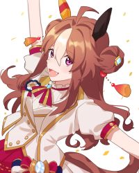 Rule 34 | 1girl, absurdres, ahoge, animal ears, blush, brown hair, coi uota, confetti, copano rickey (umamusume), double bun, fang, hair between eyes, hair bun, hair ornament, highres, horse ears, horse girl, jacket, looking at viewer, multicolored hair, open mouth, outstretched arms, puffy short sleeves, puffy sleeves, purple eyes, shirt, short sleeves, smile, solo, two-tone hair, umamusume, upper body, vest, white jacket, white shirt, white vest