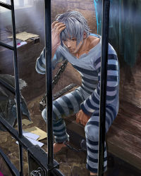 Rule 34 | 1boy, ball and chain restraint, barefoot, bench, brown eyes, envelope, facial hair, ggozira, grey hair, hand up, highres, indoors, letter, light rays, lock, male focus, official art, prison, prison clothes, prisoner, sitting, striped, stubble, tenkuu no crystalia