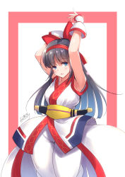 Rule 34 | 1girl, ainu clothes, armpits, arms up, black hair, blue eyes, blush, breasts, c.r., fingerless gloves, gloves, hair ribbon, large breasts, long hair, looking at viewer, nakoruru, open mouth, ribbon, samurai spirits, snk, solo, sword, thick thighs, thighs, weapon
