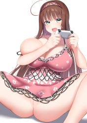 Rule 34 | 1girl, ahoge, bare shoulders, blunt bangs, breasts, brown hair, collarbone, commentary request, commission, controller, dress, game controller, green eyes, hairband, highres, holding, holding controller, holding game controller, huge breasts, kitajima yuuki, long hair, looking at viewer, no panties, open mouth, pink dress, pink hairband, pixiv commission, pussy, senran kagura, senran kagura new link, simple background, solo, spread legs, ui (senran kagura), white background