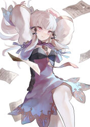 Rule 34 | 1girl, absurdres, arms up, closed mouth, commentary request, dress, fire emblem, fire emblem: three houses, floating hair, hair ornament, highres, long hair, looking away, lysithea von ordelia, nintendo, pantyhose, paper, pink eyes, purple dress, repu (rep sha), simple background, smile, solo, veil, white background, white hair, white pantyhose, white sleeves
