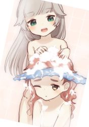Rule 34 | 2girls, bare shoulders, bathing, brown eyes, brown hair, commentary request, green eyes, grey hair, kantai collection, long hair, mikura (kancolle), multiple girls, one-hour drawing challenge, one eye closed, open mouth, round teeth, shampoo hat, teeth, thick eyebrows, tile wall, tiles, upper teeth only, wavy hair, yamashichi (mtseven), yashiro (kancolle)