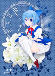 Rule 34 | 1girl, ass, bad id, bad pixiv id, blue background, blue dress, blue eyes, blue hair, bow, brown footwear, cirno, collared shirt, dress, flower, hair bow, inoue yukita, leaf, legs, lily (flower), looking at viewer, maple leaf, matching hair/eyes, patterned background, ribbon, roman numeral, shirt, shoes, short hair, sleeveless, sleeveless dress, solo, thighhighs, time, touhou, white shirt, white thighhighs