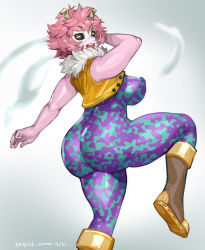 Rule 34 | 1girl, ashido mina, ass, black sclera, bodysuit, boku no hero academia, boots, breasts, colored sclera, colored skin, eye mask, highres, huge ass, keigi, large breasts, perky breasts, pink hair, pink skin, skin tight, sleeveless, solo, thick thighs, thighs, yellow eyes