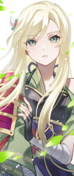 Rule 34 | 1girl, arm out of sleeve, arm wrap, armor, black gloves, blonde hair, breastplate, commentary, confetti, fingerless gloves, flower, gloves, green eyes, green kimono, hair flower, hair ornament, hand up, highres, japanese armor, japanese clothes, kimono, light particles, long hair, long sleeves, looking at viewer, parted lips, pauldrons, red flower, red rose, ribbon-trimmed sleeves, ribbon trim, rose, shoujo kageki revue starlight, shoujo kageki revue starlight -re live-, shoulder armor, sidelocks, simple background, single bare shoulder, single pauldron, sode, solo, standing, swept bangs, tareko, upper body, white background, wide sleeves, yumeoji fumi