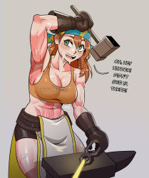 Rule 34 | 1girl, abs, absurdres, anvil, armpits, belt, blush, braid, breasts, brown hair, capcom, cleavage, commentary, english commentary, english text, female focus, gloves, green eyes, grey background, gureko (drawsloods), hair between eyes, hammer, headband, highres, holding, holding hammer, holding tongs, large breasts, looking to the side, medium hair, midriff, minayle (monster hunter), monster hunter (series), monster hunter rise, muscular, muscular female, navel, open mouth, shadow, shiny clothes, shiny skin, short shorts, shorts, sideboob, sidelocks, signature, simple background, solo, standing, sweat, tank top, tareme, teeth, tongs, twitter username, upper teeth only, watermark, wiping sweat