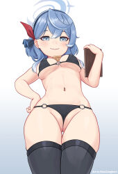 Rule 34 | 1girl, :d, ako (blue archive), alternate costume, batazungharn, bell, bikini, black bikini, black thighhighs, blue archive, blue eyes, blue hair, breasts, cleavage, cleft of venus, clipboard, commentary request, earrings, from below, frontal wedgie, gluteal fold, groin, hair between eyes, hairband, halo, hand on own hip, highres, holding, holding clipboard, jewelry, long hair, looking at viewer, looking down, medium breasts, navel, neck bell, open mouth, parted lips, sidelocks, simple background, smile, solo, stomach, swimsuit, thighhighs, thighs, wedgie, white background