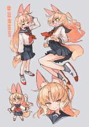 Rule 34 | 1girl, = =, animal ears, black sailor collar, black skirt, blonde hair, blush stickers, brown eyes, chibi, closed mouth, commentary request, cropped shoulders, curtained hair, fang, floating hair, fox ears, fox girl, fox tail, grey background, hand on own head, highres, jumping, kasa (hitori sanka), long hair, long sleeves, looking at viewer, multiple views, neckerchief, one side up, open mouth, original, pleated skirt, red neckerchief, sailor collar, school uniform, serafuku, shirt, shoes, simple background, skirt, smile, sparkle, tail, uwabaki, v-shaped eyebrows, white shirt