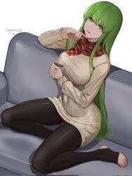 Rule 34 | 1girl, amber (darker than black), c.c., character request, check character, commentary, commission, corrupted twitter file, couch, covered navel, cup, darker than black, english commentary, green hair, highres, holding, holding cup, long hair, long sleeves, looking up, mug, on couch, parted lips, seilindekos, sitting, solo, stirrup legwear, sweater, toeless legwear, very long hair, yellow eyes, yellow sweater, yokozuwari