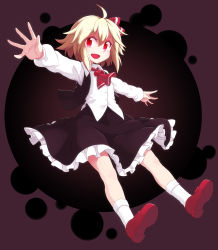 Rule 34 | 1girl, :d, ahoge, arms at sides, ascot, black skirt, black vest, blonde hair, commentary request, darkness, fang, frilled skirt, frills, glowing, glowing eyes, hair between eyes, hair ribbon, highres, long sleeves, looking at viewer, narira, open clothes, open mouth, open vest, outstretched arms, red ascot, red eyes, red footwear, red ribbon, ribbon, rumia, shirt, sidelocks, skirt, skirt set, smile, socks, solo, spread arms, touhou, vest, white shirt, white socks
