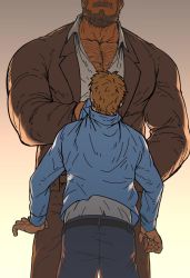 Rule 34 | 2boys, bara, beard, belt, body hair, chest hair, denim, dobito mn, facial hair, formal, giant, giant male, hairy, head out of frame, highres, hood, hoodie, jacket, jeans, large pectorals, pectoral cleavage, male focus, manly, multiple boys, muscular, open clothes, open jacket, open shirt, original, pants, pectorals, shirt grab, short hair, size difference