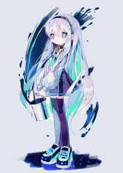 Rule 34 | 1girl, black footwear, black hairband, black skirt, black thighhighs, blue eyes, bucket, closed mouth, commentary, english commentary, full body, grey background, grey shirt, hair between eyes, hairband, highres, holding, holding bucket, long hair, long sleeves, looking at viewer, mechuragi, original, pleated skirt, puffy long sleeves, puffy sleeves, shirt, shoes, silver hair, skirt, sleeves past wrists, solo, standing, thighhighs, very long hair