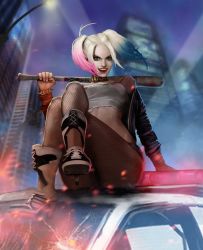 Rule 34 | 1girl, absurdres, baseball bat, batman (series), blonde hair, blue eyes, blue hair, blurry, boots, bracelet, breasts, car, colored tips, dc comics, depth of field, fishnet pantyhose, fishnets, from below, harley quinn, high heel boots, high heels, highres, jacket, jewelry, long hair, makeup, matching hair/eyes, motor vehicle, multicolored hair, pantyhose, police car, short shorts, shorts, sitting, solo, spiked bracelet, spikes, suicide squad, twintails, weapon