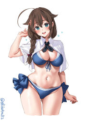 Rule 34 | 1girl, ahoge, bikini, blue bikini, blue eyes, blush, braid, breasts, cleavage, cowboy shot, ebifurya, hair flaps, hair over shoulder, highres, kantai collection, large breasts, long hair, navel, official alternate costume, one-hour drawing challenge, shigure (kancolle), shigure kai san (kancolle), single braid, solo, stomach, swimsuit, twitter username, white background