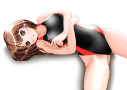 Rule 34 | 1girl, brown eyes, brown hair, competition swimsuit, groin, long hair, lying, mashinatsu, on side, one-piece swimsuit, original, reiji-sss, solo, speedo (company), swimsuit