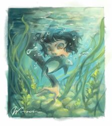 Rule 34 | 1girl, air bubble, animal ears, biting, black hair, body fur, border, bubble, cat ears, cat girl, day, dungeon meshi, fangs, fingernails, fish, fishing, green theme, highres, hunting, izutsumi, looking down, nature, outstretched arm, partially submerged, seaweed, sharp fingernails, short hair, signature, slit pupils, sunlight, underwater, water, wirovin, yellow eyes