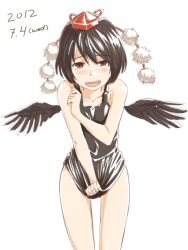 Rule 34 | 1girl, bare shoulders, black hair, blush, bottomless, dated, embarrassed, female focus, hat, kawashina (momen silicon), open mouth, red eyes, shameimaru aya, shirt tug, short hair, simple background, solo, tokin hat, touhou, white background, wings