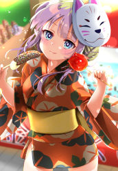 Rule 34 | 1girl, ameth (princess connect!), aono (f i s), blue eyes, blurry, blurry background, candy apple, chocolate banana, commentary request, depth of field, floral print, food, fox mask, green hair, hands up, highres, holding, holding food, japanese clothes, kimono, long sleeves, looking at viewer, mask, mask on head, multicolored hair, obi, princess connect!, print kimono, purple hair, red kimono, sash, solo, two-tone hair, wide sleeves, yukata
