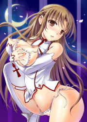 Rule 34 | 10s, 1girl, asuna (sao), bad anatomy, blush, breast hold, breasts, brown eyes, brown hair, covering privates, covering breasts, crescent moon, himeno komomo, long hair, looking at viewer, moon, night, open mouth, panties, petals, shiny skin, side-tie panties, solo, sword art online, thighhighs, underwear, untied, white thighhighs