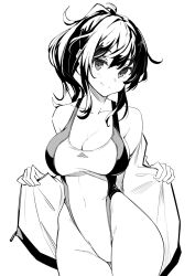 Rule 34 | 1girl, bare shoulders, blush, breasts, cleavage, closed mouth, collarbone, competition swimsuit, covered navel, greyscale, highleg, highleg swimsuit, highres, jacket, kekemotsu, large breasts, long hair, looking at viewer, monochrome, off shoulder, one-piece swimsuit, open clothes, open jacket, original, ponytail, sidelocks, simple background, smile, solo, standing, swimsuit, thighs