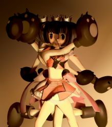 Rule 34 | 1girl, abstract, absurdres, animal hands, bad id, bad twitter id, bow, brown background, brown bow, brown eyes, brown hair, claws, conjoined, crown, extra arms, figure, frilled skirt, frills, gloves, gradient background, highres, midriff, multiple heads, multiple legs, multiple limbs, paw gloves, paw shoes, pawpads, pink shirt, pink skirt, shirt, short hair, simple background, skirt, smile, ufoshock, yuri kuma arashi, yurishiro ginko