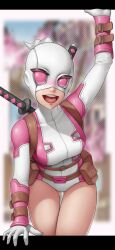 Rule 34 | bodysuit, gwenpool, highres, katana, leotard, marvel, multicolored leotard, open mouth, pink-framed eyewear, pink bodysuit, pink leotard, skylock, superhero costume, sword, thighs, weapon, wrist guards, wrist straps