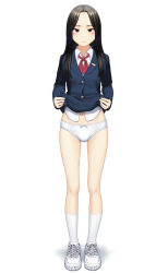 Rule 34 | 1girl, black eyes, black hair, blazer, blue jacket, blush, bow, bow panties, closed mouth, clothes lift, commentary request, cross-laced footwear, crotch seam, dress shirt, frown, full body, half-closed eyes, highres, jacket, lifted by self, long hair, long sleeves, looking at viewer, maburu (lojyq1eur3e8bit), navel, neck ribbon, original, panties, red ribbon, ribbon, school uniform, shirt, shoes, shorts, simple background, skirt, skirt lift, sneakers, socks, solo, standing, straight hair, underwear, white background, white panties, white shirt, white shorts, white socks, wing collar