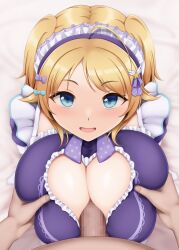 Rule 34 | 1boy, 1girl, ahoge, akebi konoha, blonde hair, blue eyes, blush, grabbing another&#039;s breast, breasts, breasts squeezed together, censored, cleavage, cleavage cutout, clothing cutout, dot nose, frilled hairband, frills, grabbing, hachimiya meguru, hair ornament, hairband, hairclip, hetero, highres, huge breasts, idolmaster, idolmaster shiny colors, looking at viewer, mosaic censoring, open mouth, paizuri, paizuri under clothes, penis, purple hairband, short hair, smile, star (symbol), star hair ornament, twintails, upper body