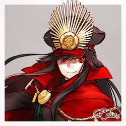Rule 34 | 1girl, black hair, border, cape, chain, closed mouth, coogee, fate/grand order, fate (series), grey background, hat, high collar, highres, long hair, looking at viewer, medallion, military hat, oda nobunaga (fate), oda nobunaga (koha-ace), oda uri, peaked cap, portrait, red cape, red eyes, signature, smile, solo, white border