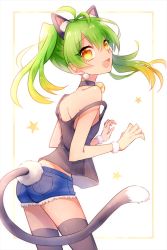 Rule 34 | ahoge, alternate costume, alternate skin color, animal ears, bare shoulders, bell, black shirt, black tank top, black thighhighs, blonde hair, child, collar, earrings, fake animal ears, fang, flat chest, gradient hair, green hair, hair between eyes, happy, highres, jewelry, looking at viewer, looking back, multicolored hair, multicolored hairopen mouth, neck bell, ricotta (ys), sano (merrymerry), shirt, short shorts, shorts, solo, standing, strap slip, tail, tank top, thighhighs, thighs, twintails, wardrobe malfunction, yellow eyes, ys, ys viii lacrimosa of dana, zettai ryouiki