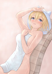 Rule 34 | 1girl, armpits, blonde hair, blue eyes, blush, breasts, collarbone, commentary, covering privates, europa (granblue fantasy), eyelashes, granblue fantasy, hair between eyes, hand on forehead, highres, holding, holding towel, hood, hot, large breasts, leaning back, lily-of-ash, looking at viewer, nude cover, on chair, parted lips, sauna, sideboob, simple background, steam, sweat, towel, very sweaty, wet