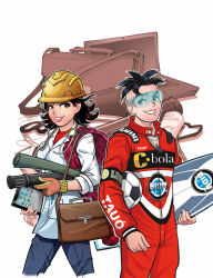 Rule 34 | alternate costume, annotated, ball, black hair, breasts, briefcase, cebolinha (turma da monica), commentary, computer, feet out of frame, hard hat, helmet, highres, holding, holding surfboard, holding tablet pc, lab coat, laptop, looking at viewer, monica (turma da monica), official art, pants, pocket, portuguese commentary, safety glasses, short hair, small breasts, smile, soccer ball, standing, surfboard, tablet pc, turma da monica, turma da monica jovem, uniform, zazo aguiar