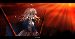 Rule 34 | 1girl, ahoge, armor, armored dress, artoria pendragon (all), artoria pendragon (fate), blood, blood on face, blue dress, blurry, blurry background, blurry foreground, border, breastplate, copyright name, dress, fate/stay night, fate (series), faulds, floating hair, green eyes, hair between eyes, highres, long hair, looking afar, nayu tundora, planted, planted sword, planted weapon, saber (fate), silver hair, solo, sword, weapon