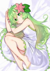 Rule 34 | 1girl, arms up, bare arms, bare shoulders, barefoot, bed sheet, blush, closed mouth, creatures (company), dress, flower, full body, game freak, gen 4 pokemon, green eyes, green hair, green nails, hair flower, hair ornament, knees up, legendary pokemon, long hair, looking at viewer, lying, moti yousei, mythical pokemon, nail polish, nintendo, on side, personification, pink flower, pokemon, shaymin, shaymin (land), solo, toenail polish, toenails, very long hair, white dress