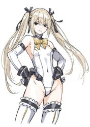 Rule 34 | 1girl, bad id, bad twitter id, bare shoulders, blonde hair, dead or alive, detached sleeves, hair ribbon, hands on own hips, highleg, highleg leotard, leotard, long hair, marie rose, ribbon, saitou masatsugu, thighhighs, twintails, very long hair