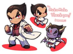 Rule 34 | 1boy, black eyes, black footwear, black hair, black shirt, chibi, closed mouth, coat, colored skin, commentary, commission, commissioner name, crossed arms, devil (tekken), english commentary, facial scar, frown, full body, grey horns, horns, jacket, kotorai, long sleeves, male focus, mishima kazuya, multiple views, necktie, no nose, pants, purple skin, red eyes, red jacket, red necktie, scar, scar on cheek, scar on face, shirt, short hair, signature, skeb commission, tekken, thank you, thick eyebrows, v-shaped eyebrows, white coat, white pants