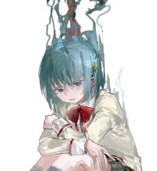 Rule 34 | 1girl, absurdres, baifeidaiwang, black skirt, blue eyes, blue hair, bow, bowtie, chinese commentary, commentary request, dissolving, feet out of frame, hair ornament, hairclip, hand on own arm, highres, knees up, looking down, mahou shoujo madoka magica, mahou shoujo madoka magica (anime), miki sayaka, open mouth, red bow, red bowtie, school uniform, short hair, simple background, sitting, skirt, solid eyes, solo, white background