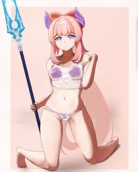 Rule 34 | 1girl, absurdres, alternate costume, bare legs, barefoot, bikini, bikini under clothes, bow-shaped hair, breasts, closed mouth, commentary, crop top, full body, furrowed brow, genshin impact, highres, holding, holding polearm, holding weapon, horns, kneeling, long hair, looking at viewer, medium breasts, mockingeu, navel, panties, pink background, pink hair, polearm, purple bikini, purple eyes, sangonomiya kokomi, shirt, sidelocks, simple background, solo, spear, stomach, strap pull, strap slip, swimsuit, tank top, thick eyebrows, underwear, very long hair, weapon, wet, wet clothes, wet shirt, white panties, white tank top
