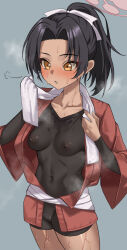 Rule 34 | 1girl, black hair, black shirt, blue archive, blush, breasts, collarbone, covered erect nipples, covered navel, cowboy shot, dark-skinned female, dark skin, grey background, halo, highres, japanese clothes, kumamiya, long hair, long sleeves, open mouth, pink halo, ponytail, rickshaw student (blue archive), shirt, simple background, small breasts, solo, sweat, towel, undershirt, white towel, yellow eyes