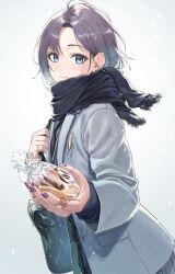 Rule 34 | 1girl, absurdres, ahoge, asakura toru, bag, bandaid, bandaid on hand, black scarf, blue eyes, blue hair, blush, breath, closed mouth, coat, cold, commentary, cookie, cowboy shot, ear piercing, eyelashes, fingernails, food, from side, gradient hair, grey background, grey coat, highres, holding, holding bag, idolmaster, idolmaster shiny colors, incoming gift, light blue hair, looking at viewer, multicolored hair, nail polish, outstretched arm, parted bangs, pen, pen in pocket, piercing, plastic bag, purple hair, purple nails, revision, scarf, school bag, short hair, simple background, smile, snow, snowing, solo, two-tone hair, winter clothes, zelo6
