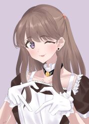 Rule 34 | 1girl, ;p, absurdres, alternate costume, apron, black dress, blush, brown hair, collar, collarbone, commentary request, detached collar, dress, earrings, enmaided, frilled collar, frilled gloves, frills, fujishima megumi, gloves, grey background, heart, heart hands, highres, jewelry, link! like! love live!, long hair, looking at viewer, love live!, maid, maid apron, one eye closed, puffy short sleeves, puffy sleeves, purple eyes, recycle (uchi mlk), short sleeves, solo, stud earrings, tongue, tongue out, two side up, virtual youtuber, white apron, white gloves