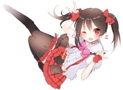 Rule 34 | 10s, 1girl, bad id, bad pixiv id, black hair, black thighhighs, blush, bokura wa ima no naka de, boots, bow, choker, double m/, fingerless gloves, gloves, hair bow, love live!, love live! school idol project, m/, nico nico nii, one eye closed, open mouth, red eyes, red gloves, simple background, solo, thighhighs, twintails, uttao, white background, yazawa nico