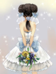 Rule 34 | 1girl, arms behind back, back, backless outfit, black hair, bouquet, bow, double bun, dress, flower, from behind, lan.c, long hair, naruto, naruto (series), solo, strapless, strapless dress, tenten (naruto), veil, wedding dress