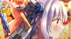 Rule 34 | 1girl, blue hair, blue ribbon, blurry, blurry background, blurry foreground, blush, closed mouth, commentary request, from side, hair ribbon, hasei (hasei01), highres, kotonoha aoi, light particles, long hair, looking ahead, portrait, print ribbon, profile, red eyes, ribbon, sidelocks, solo, tassel, voiceroid, wind chime, yagasuri