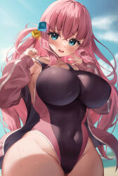 Rule 34 | 1girl, absurdres, black one-piece swimsuit, blue eyes, blue sky, blush, bocchi the rock!, breasts, clothes pull, competition swimsuit, covered navel, cowboy shot, crossed bangs, cube hair ornament, day, gotoh hitori, groin, hair between eyes, hair intakes, hair ornament, hands up, highleg, highleg swimsuit, highres, huge breasts, jacket, large breasts, long hair, long sleeves, looking at viewer, multicolored clothes, multicolored swimsuit, one-piece swimsuit, one-piece swimsuit pull, one side up, open mouth, outdoors, pink hair, pink jacket, pulled by self, sidelocks, skin tight, sky, smile, solo, standing, swimsuit, two-tone swimsuit, very long hair, yuk (pakyaru)